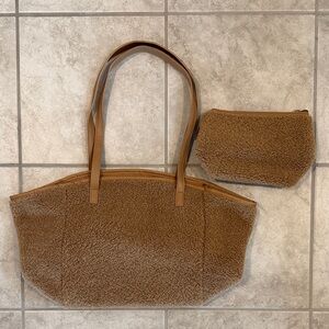 Nieman Marcus Reversible Brown Sherpa Tote and Pouch Set